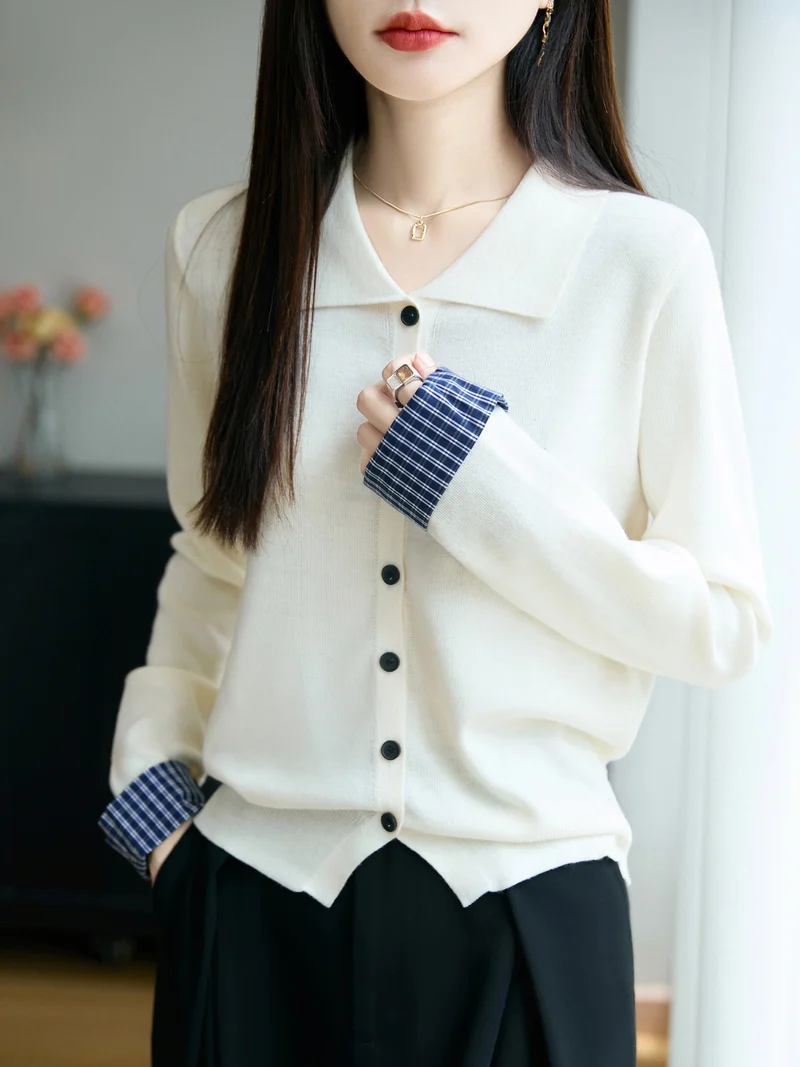 Damen Leichter Feinstrick-Cardigan mit breitem Hemdkragen und Frontknopfleiste Nord Taschen