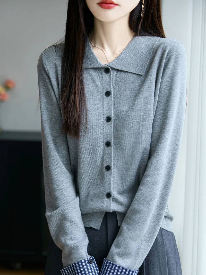 Damen Leichter Feinstrick-Cardigan mit breitem Hemdkragen und Frontknopfleiste Nord Taschen