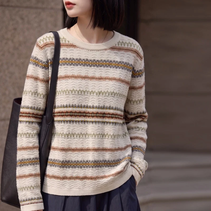 Damen Leichter Fair‑Isle Feinstrickpullover mit Rundhalsausschnitt und feiner Streifenstruktur Nord Taschen