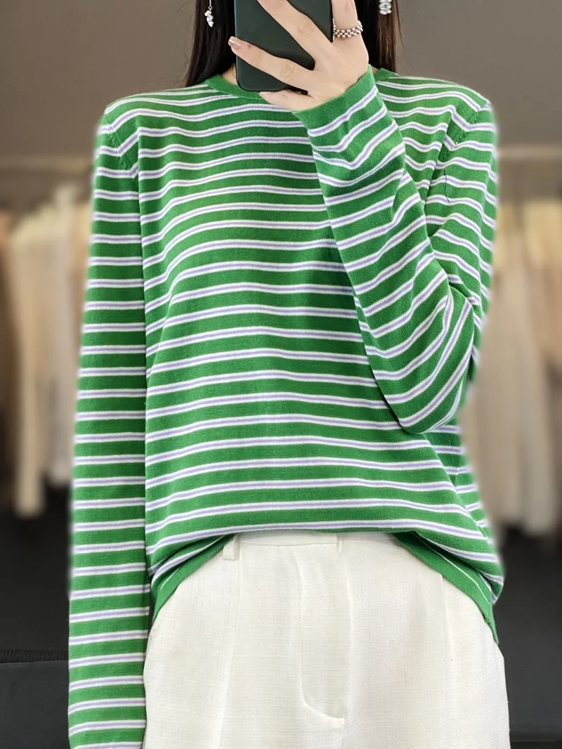 Damen Leichter Baumwollmix-Streifenpullover mit Rundhals, Raglanärmeln und lässiger Silhouette Nord Taschen