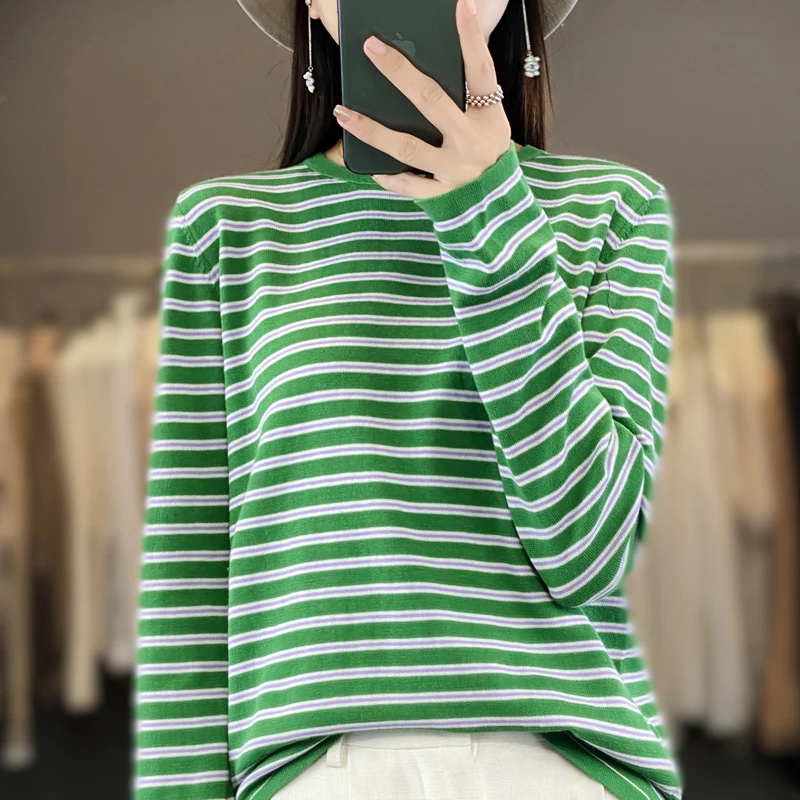 Damen Leichter Baumwollmix-Streifenpullover mit Rundhals, Raglanärmeln und lässiger Silhouette Nord Taschen