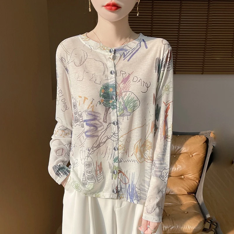 Damen Leichter Aquarell‑Print Feinstrick‑Cardigan mit Rundhalsausschnitt und Knopfleiste Nord Taschen