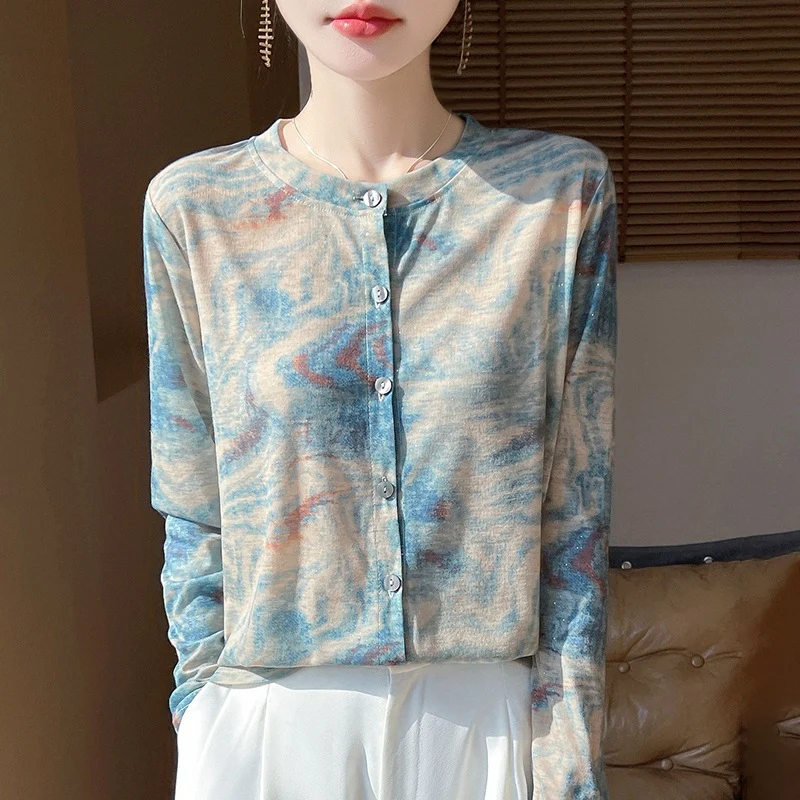 Damen Leichter Aquarell‑Print Feinstrick‑Cardigan mit Rundhalsausschnitt und Knopfleiste Nord Taschen