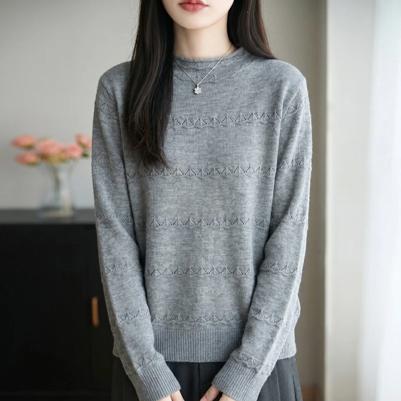Damen Leichter Ajourstrick-Pullover mit kurzem Stehkragen und feinem Rippsaum Nord Taschen