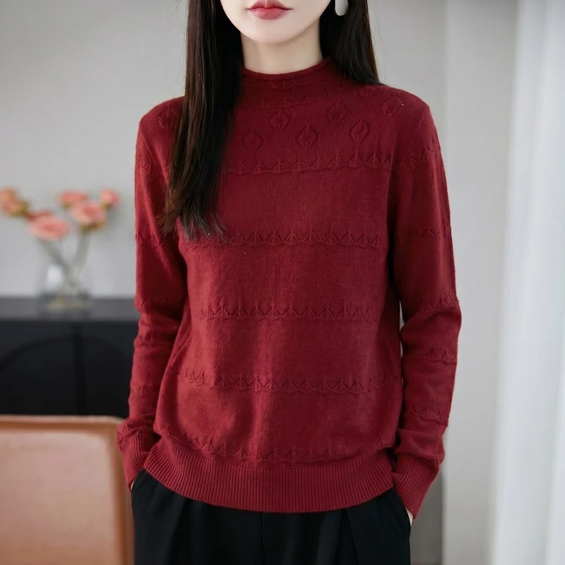 Damen Leichter Ajourstrick-Pullover mit kurzem Stehkragen und feinem Rippsaum Nord Taschen
