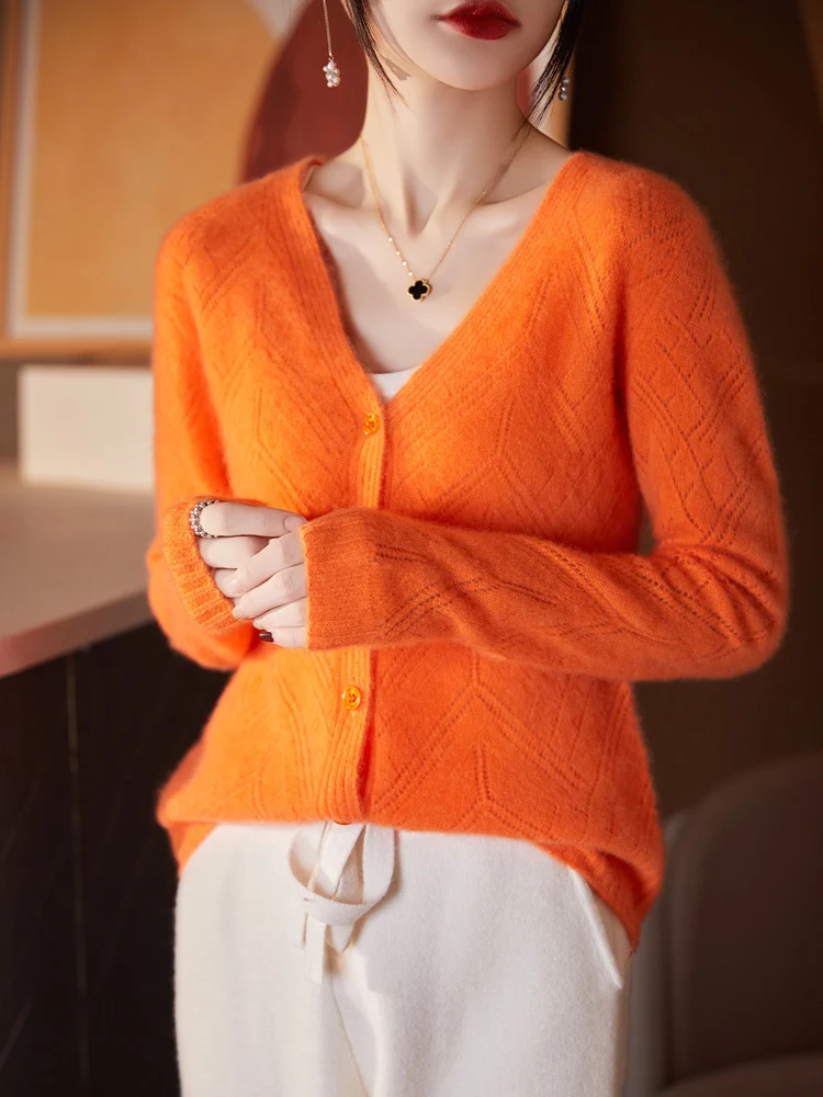 Damen Leichter Ajourcardigan mit geometrischer Lochstruktur und kastiger Kurzform Nord Taschen