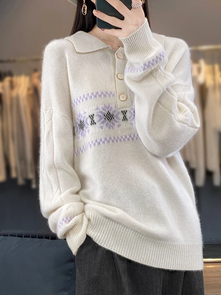 Damen Oversize-Polokragen-Strickpullover mit Norweger‑Motiv und Raglanärmeln Nord Taschen
