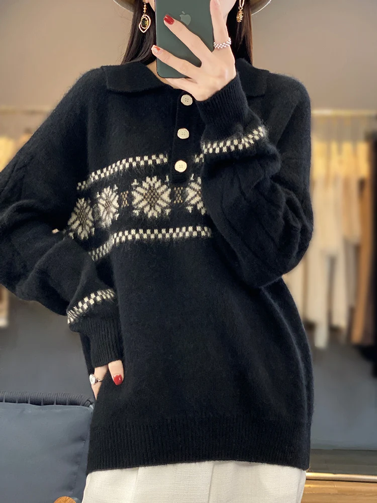 Damen Oversize-Polokragen-Strickpullover mit Norweger‑Motiv und Raglanärmeln Nord Taschen