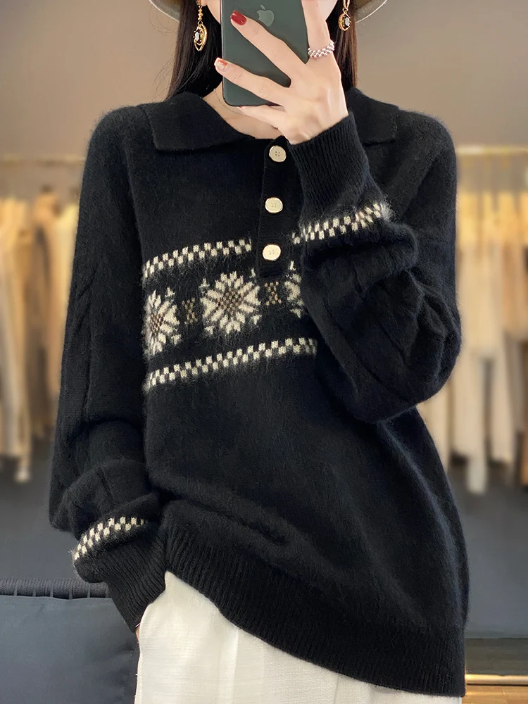 Damen Oversize-Polokragen-Strickpullover mit Norweger‑Motiv und Raglanärmeln Nord Taschen
