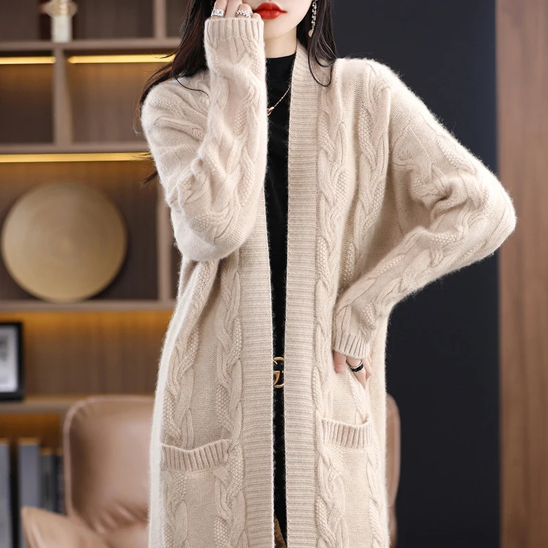 Damen Oversize-Longcardigan aus weichem Wollmix mit kontrastierenden Blockstreifen Nord Taschen