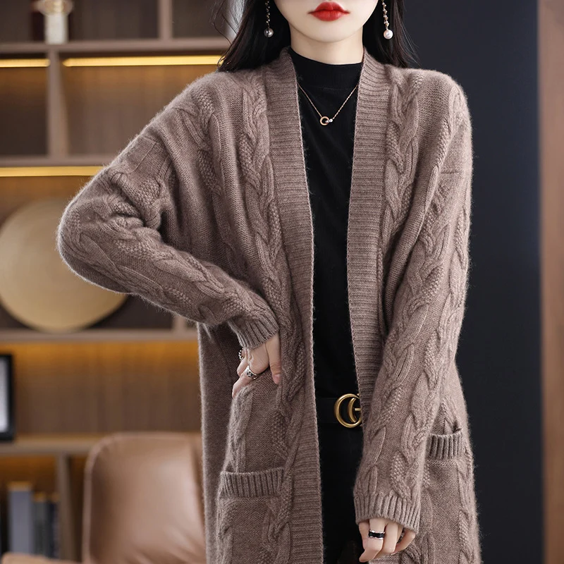 Damen Oversize-Longcardigan aus weichem Wollmix mit kontrastierenden Blockstreifen Nord Taschen