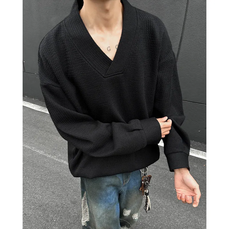 Herren Oversize-Feinstrickpullover mit tiefem V-Ausschnitt und Rippenstruktur Nord Taschen