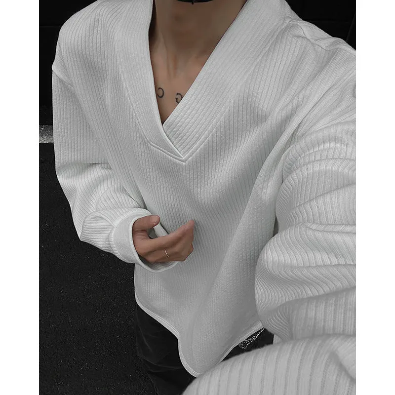 Herren Oversize-Feinstrickpullover mit tiefem V-Ausschnitt und Rippenstruktur Nord Taschen