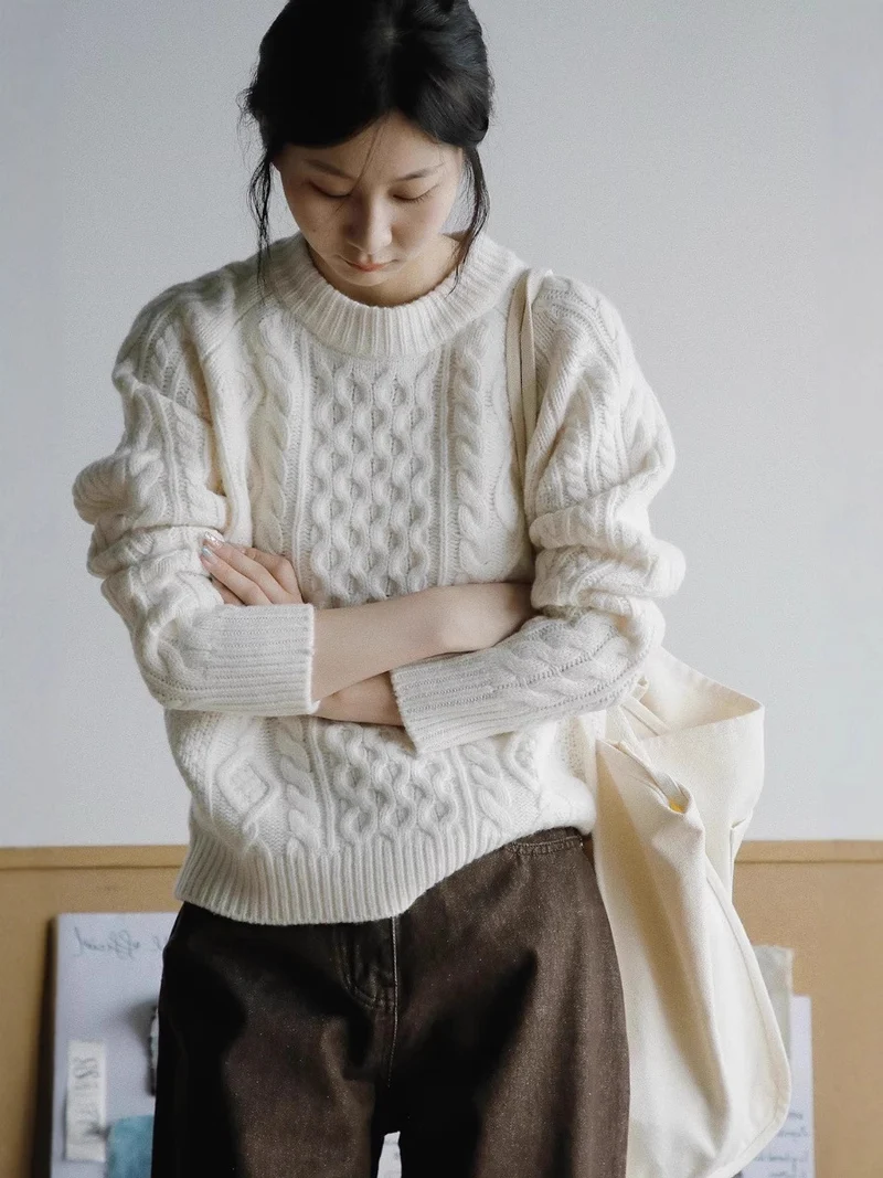 Damen Strukturierter Zopfmuster-Pullover aus Merino-Mix mit gerippten Abschlüssen und kastiger Passform Nord Taschen