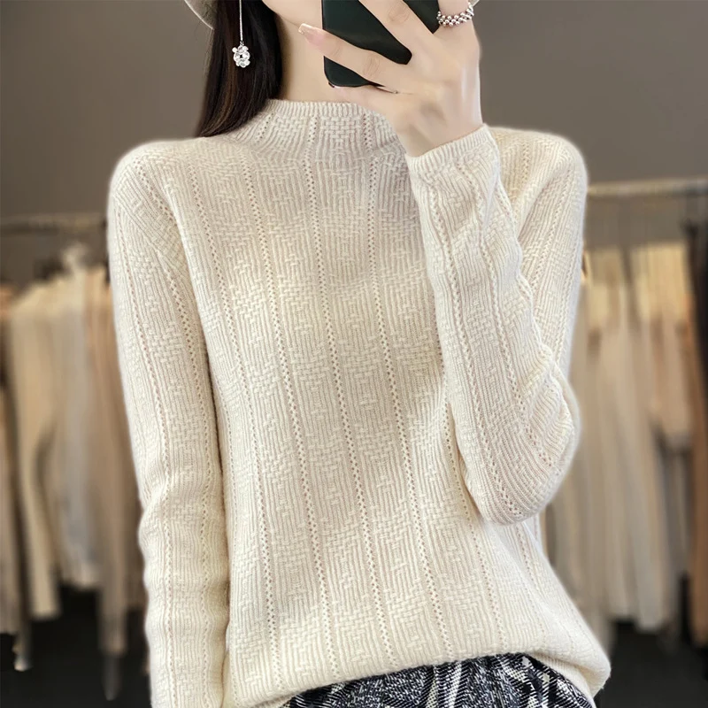Damen Strukturierter Mockneck-Pullover aus kaschmirähnlicher Wollmischung Nord Taschen