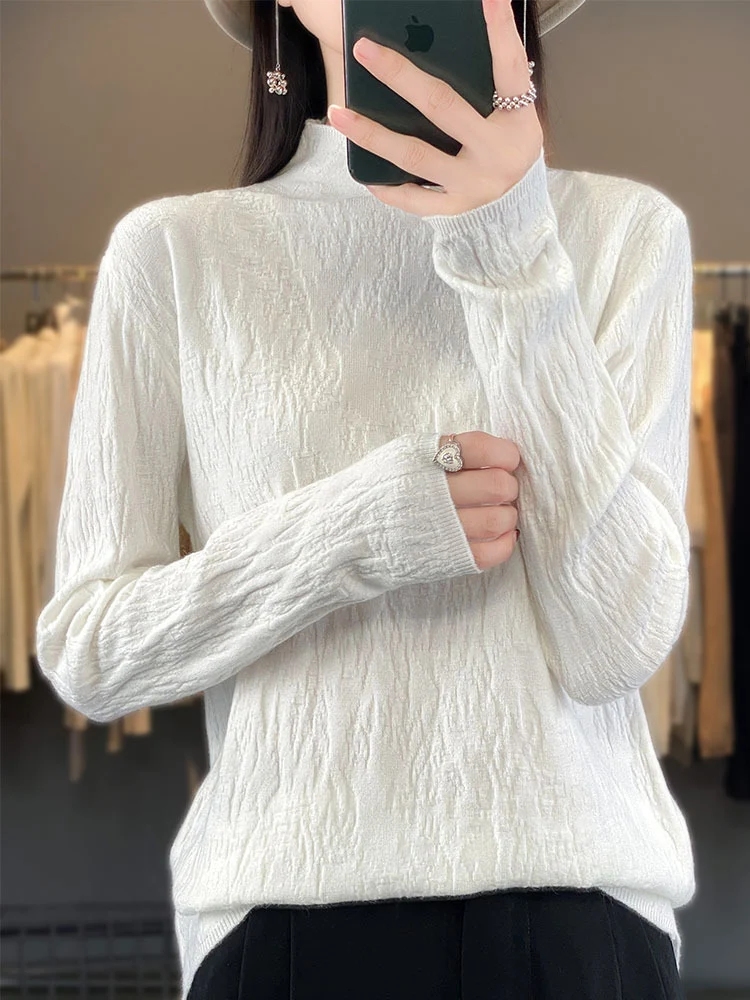 Damen Strukturierter Feinstrick-Pullover mit kurzem Stehkragen und Crinkle-Optik Nord Taschen