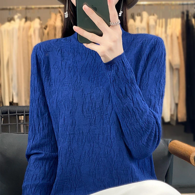 Damen Strukturierter Feinstrick-Pullover mit kurzem Stehkragen und Crinkle-Optik Nord Taschen