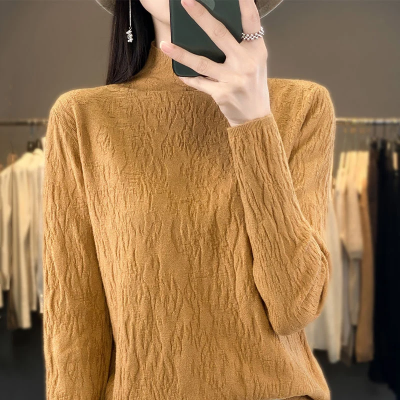 Damen Strukturierter Feinstrick-Pullover mit kurzem Stehkragen und Crinkle-Optik Nord Taschen