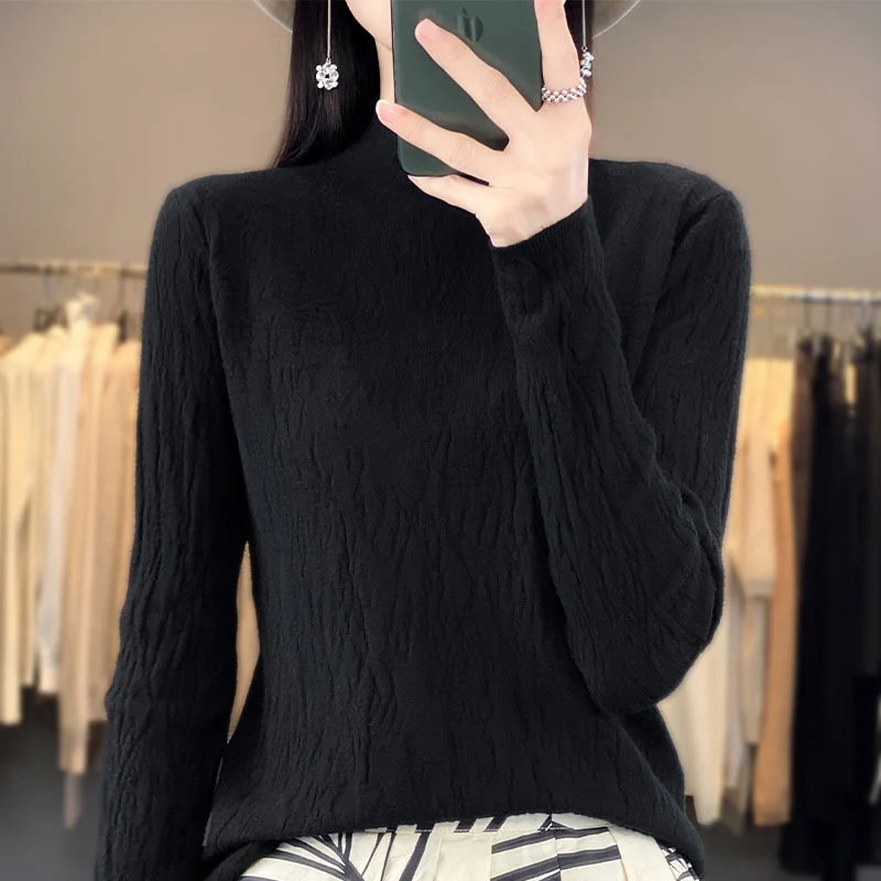 Damen Strukturierter Feinstrick-Pullover mit kurzem Stehkragen und Crinkle-Optik Nord Taschen
