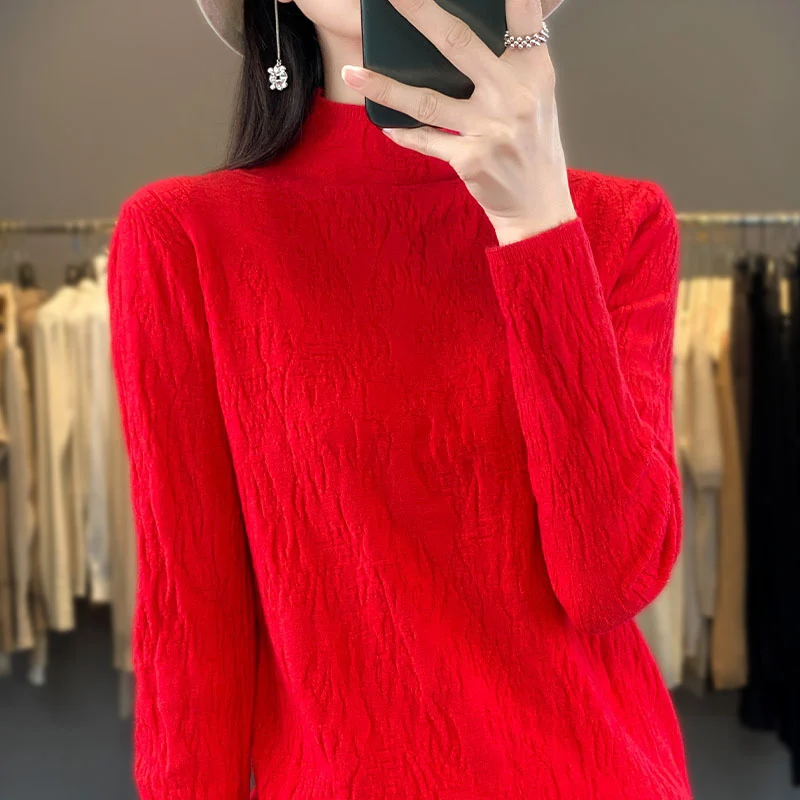 Damen Strukturierter Feinstrick-Pullover mit kurzem Stehkragen und Crinkle-Optik Nord Taschen