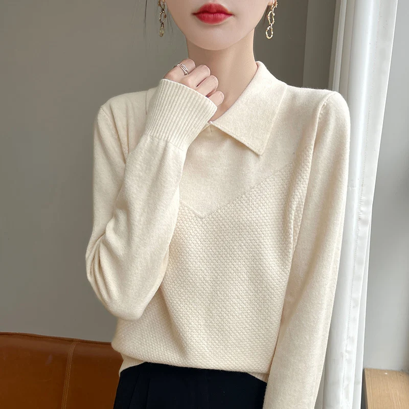 Damen Strickpullover mit Hemdkragen und strukturierter Vorderseite Nord Taschen