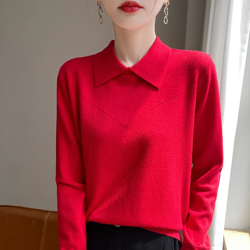 Damen Strickpullover mit Hemdkragen und strukturierter Vorderseite Nord Taschen