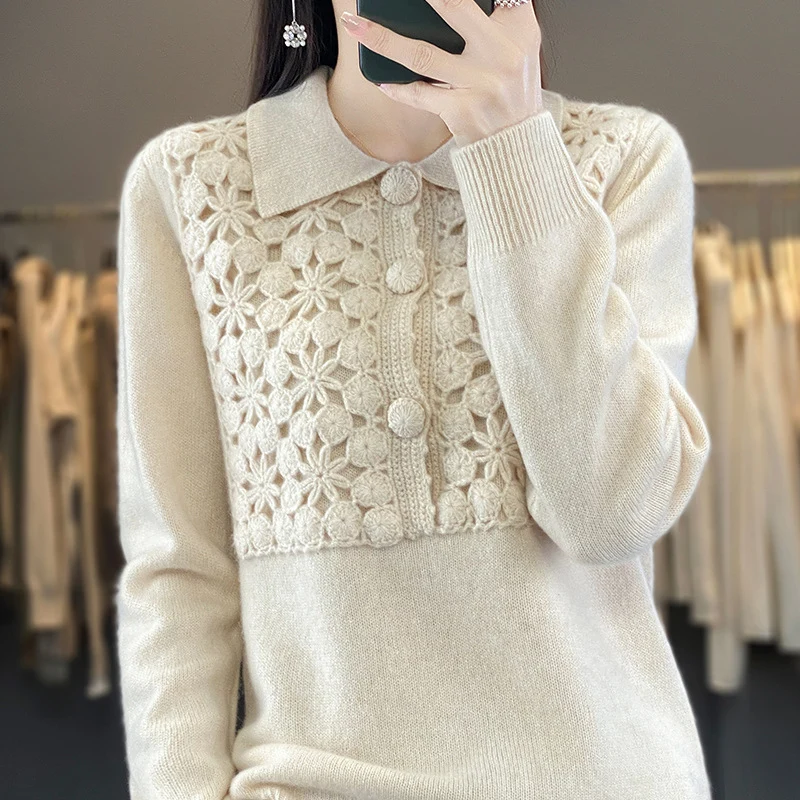 Damen Strickpullover mit gehäkelter Ajour‑Blende und Polokragen Nord Taschen