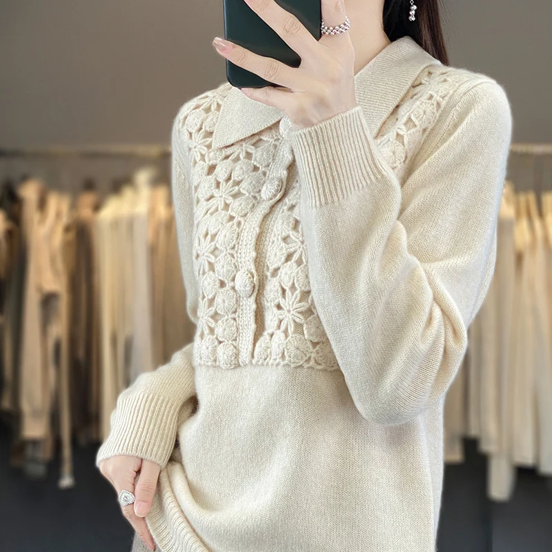Damen Strickpullover mit gehäkelter Ajour‑Blende und Polokragen Nord Taschen
