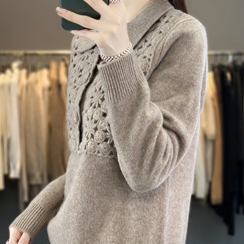 Damen Strickpullover mit gehäkelter Ajour‑Blende und Polokragen Nord Taschen