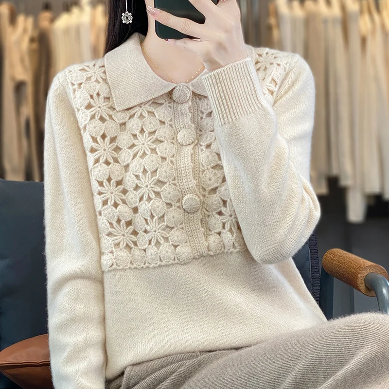 Damen Strickpullover mit gehäkelter Ajour‑Blende und Polokragen Nord Taschen