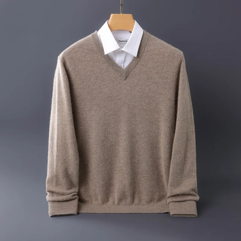 Herren Feiner V-Ausschnitt-Pullover aus Merino-Kaschmir-Mix mit gerippten Bündchen Nord Taschen