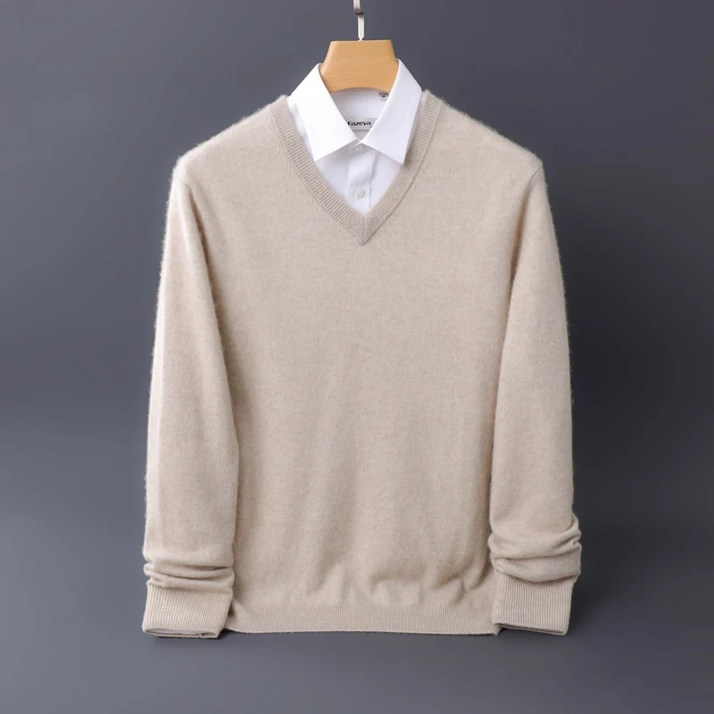 Herren Feiner V-Ausschnitt-Pullover aus Merino-Kaschmir-Mix mit gerippten Bündchen Nord Taschen