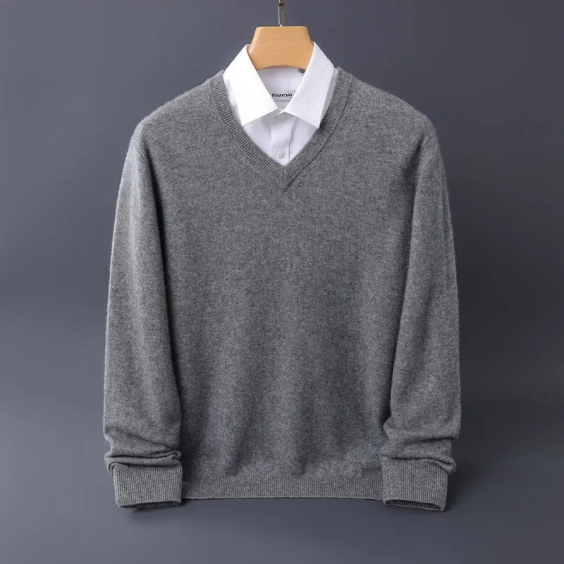 Herren Feiner V-Ausschnitt-Pullover aus Merino-Kaschmir-Mix mit gerippten Bündchen Nord Taschen