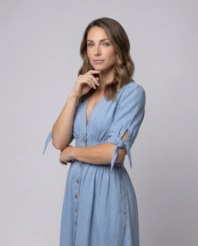 Damen Denim-Maxikleid Schleifenärmel V-Ausschnitt