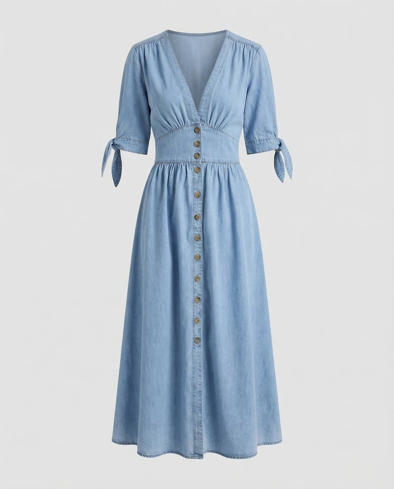 Damen Denim-Maxikleid Schleifenärmel V-Ausschnitt
