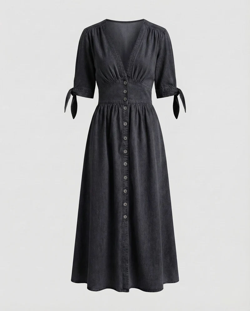 Damen Denim-Maxikleid Schleifenärmel V-Ausschnitt