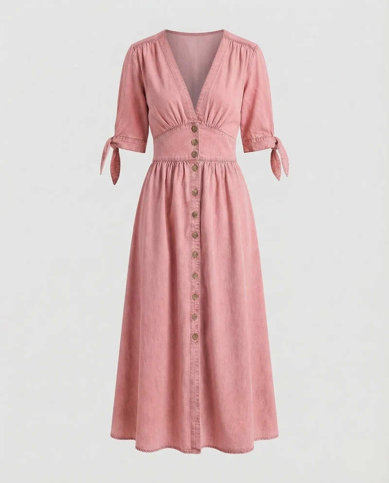 Damen Denim-Maxikleid Schleifenärmel V-Ausschnitt