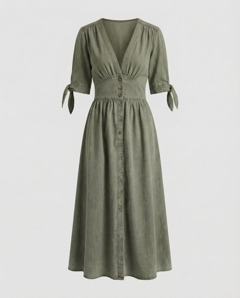 Damen Denim-Maxikleid Schleifenärmel V-Ausschnitt