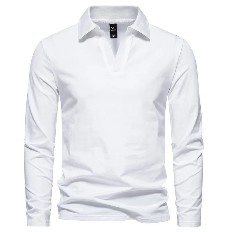 Herren Langarm-Poloshirt mit offenem V-Ausschnitt und Kentkragen Nord Taschen
