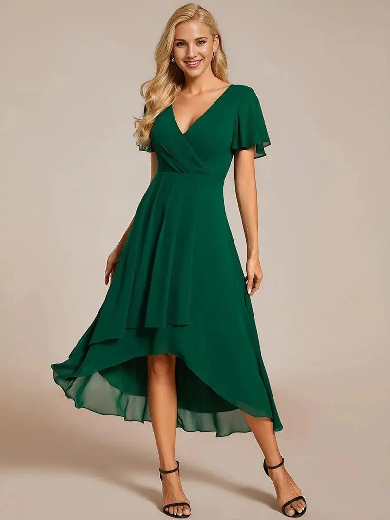 Damen elegantes Midikleid mit fließendem Stoff und asymmetrischen Ärmeln