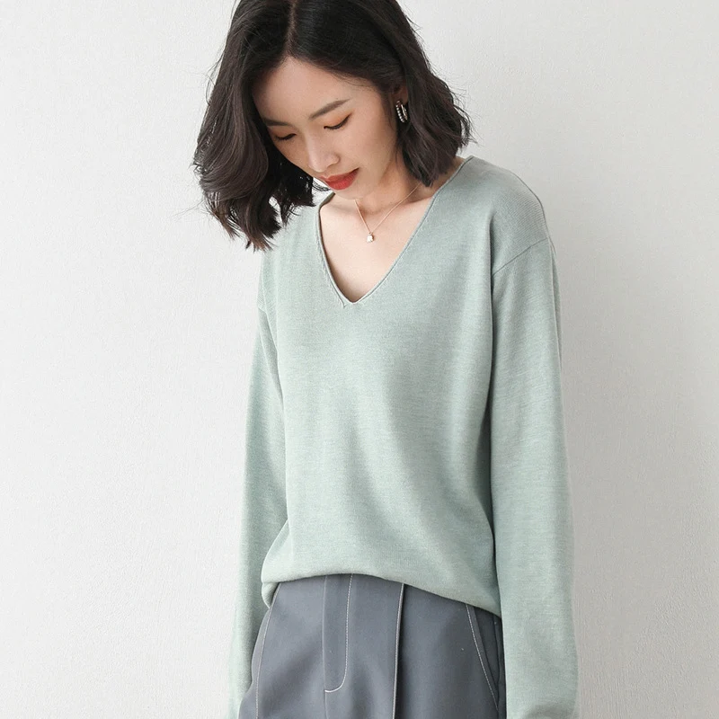 Damen Lässiger Feinstrick V-Ausschnitt Pullover mit überschnittenen Schultern Nord Taschen