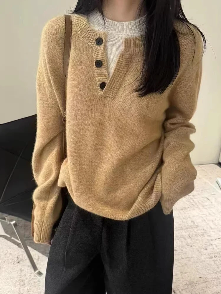 Damen Oversize-Henley-Pullover aus flauschigem Mohair‑Look mit Knopfleiste Nord Taschen