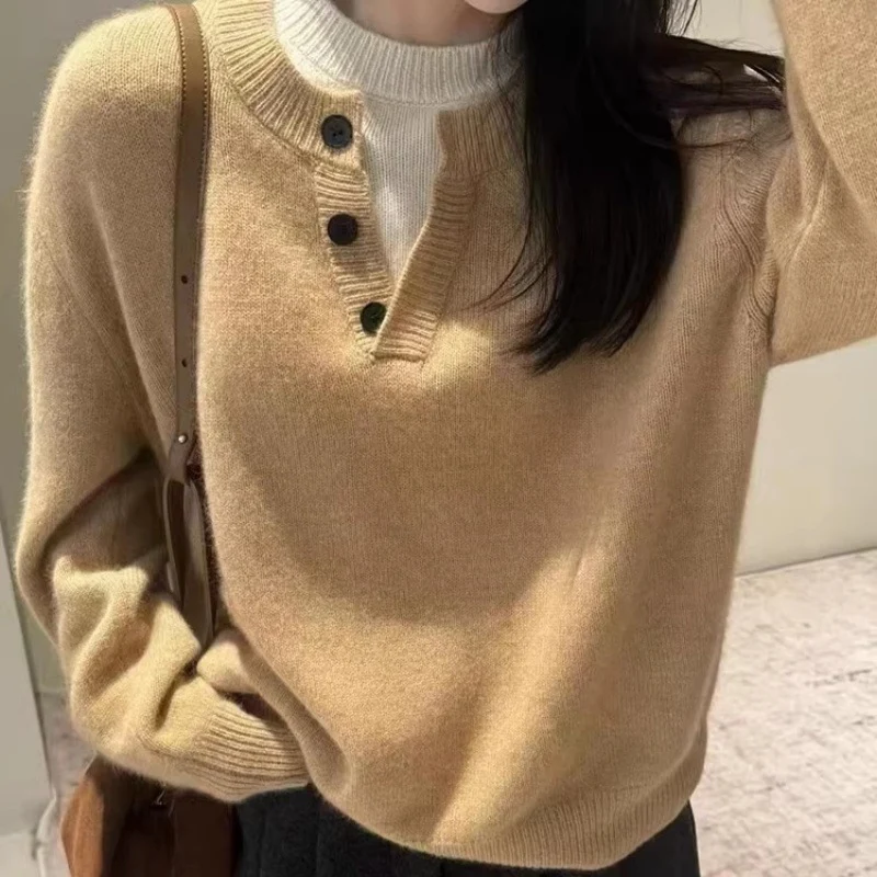 Damen Oversize-Henley-Pullover aus flauschigem Mohair‑Look mit Knopfleiste Nord Taschen