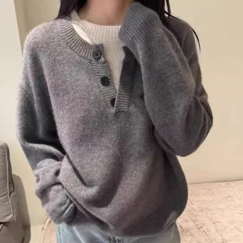 Damen Oversize-Henley-Pullover aus flauschigem Mohair‑Look mit Knopfleiste Nord Taschen