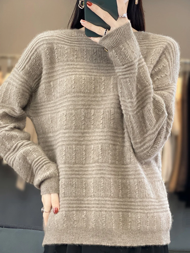 Damen Oversize-Feinstrickpullover mit Strukturblöcken, Mohair‑Look und Rundhalsausschnitt Nord Taschen
