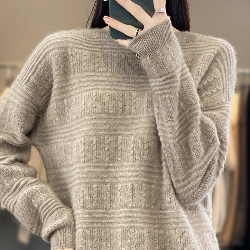 Damen Oversize-Feinstrickpullover mit Strukturblöcken, Mohair‑Look und Rundhalsausschnitt Nord Taschen