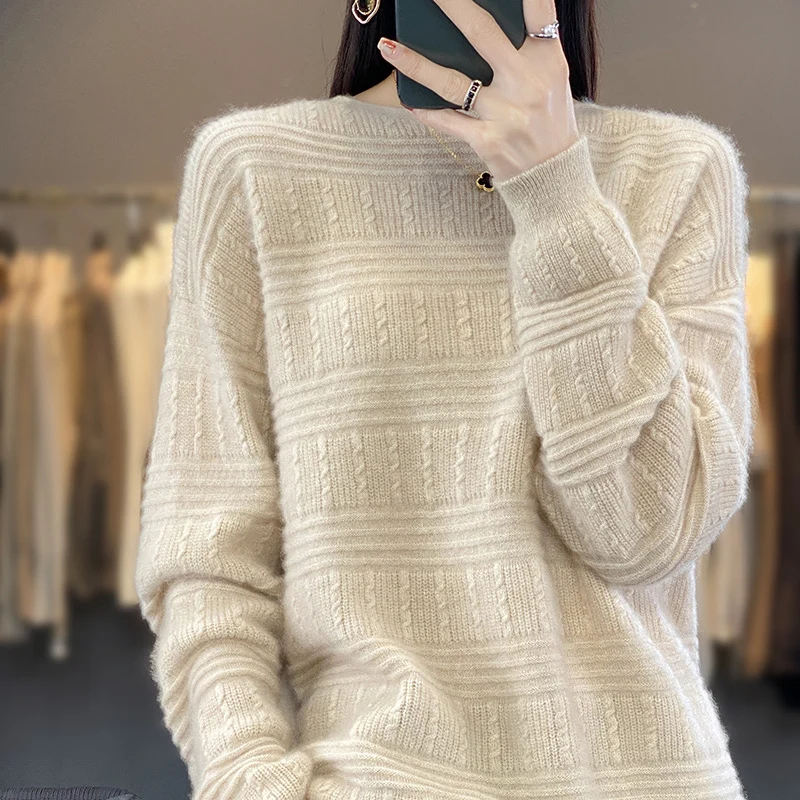 Damen Oversize-Feinstrickpullover mit Strukturblöcken, Mohair‑Look und Rundhalsausschnitt Nord Taschen