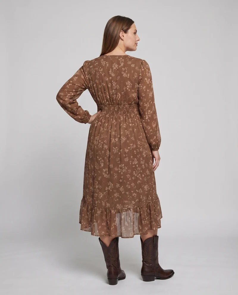 Damen Boho-Midikleid Smokbund Stufenvolant Tiefer V-Ausschnitt