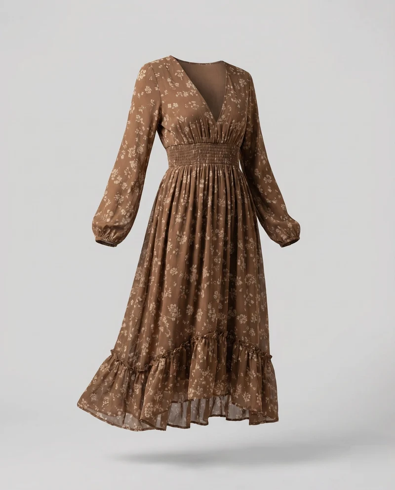 Damen Boho-Midikleid Smokbund Stufenvolant Tiefer V-Ausschnitt
