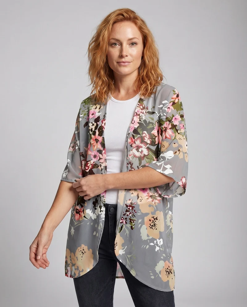 Damen Chiffon-Kimono-Überwurf Floraler Druck Fledermausärmel Offen